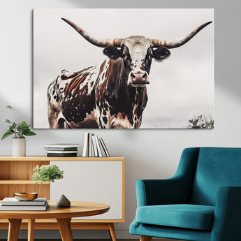 95249234-MGV-CV-36X24-Texas Longhorn Wall Art Canvas Print, Framed Spotted Bull Art Picture Print, Horned Cattle Perfect Rustic Farmhouse Decor Artwork