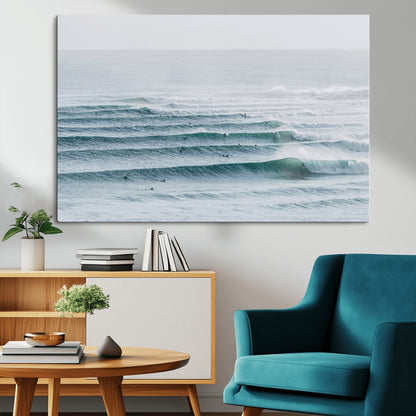 73969318-MGV-CV-36X24-Ocean Waves Wall Art Canvas Print, Framed Surfer Lineup Art Picture Print, Crowded Ocean Perfect Minimal Coastal Decor Artwork