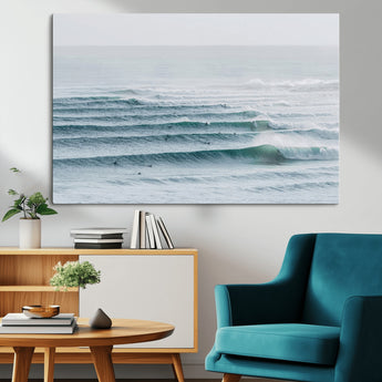 73969318-MGV-CV-36X24-Ocean Waves Wall Art Canvas Print, Framed Surfer Lineup Art Picture Print, Crowded Ocean Perfect Minimal Coastal Decor Artwork