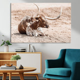 25407592-MGV-CV-36X24-Texas Longhorn Wall Art Canvas Print, Framed Resting Bull Art Picture Print, Spotted Cattle Perfect Rustic Western Decor Artwork