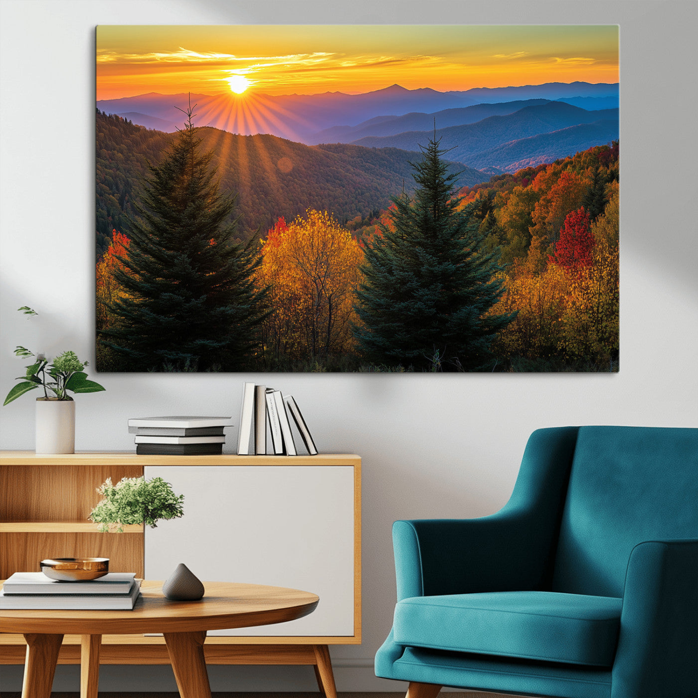 36964931-MGV-CV-36X24-Autumn Mountains Wall Art Canvas Print, Framed Sunset Glow Forest Art Picture Print, Golden Trees Perfect Vibrant Nature Decor