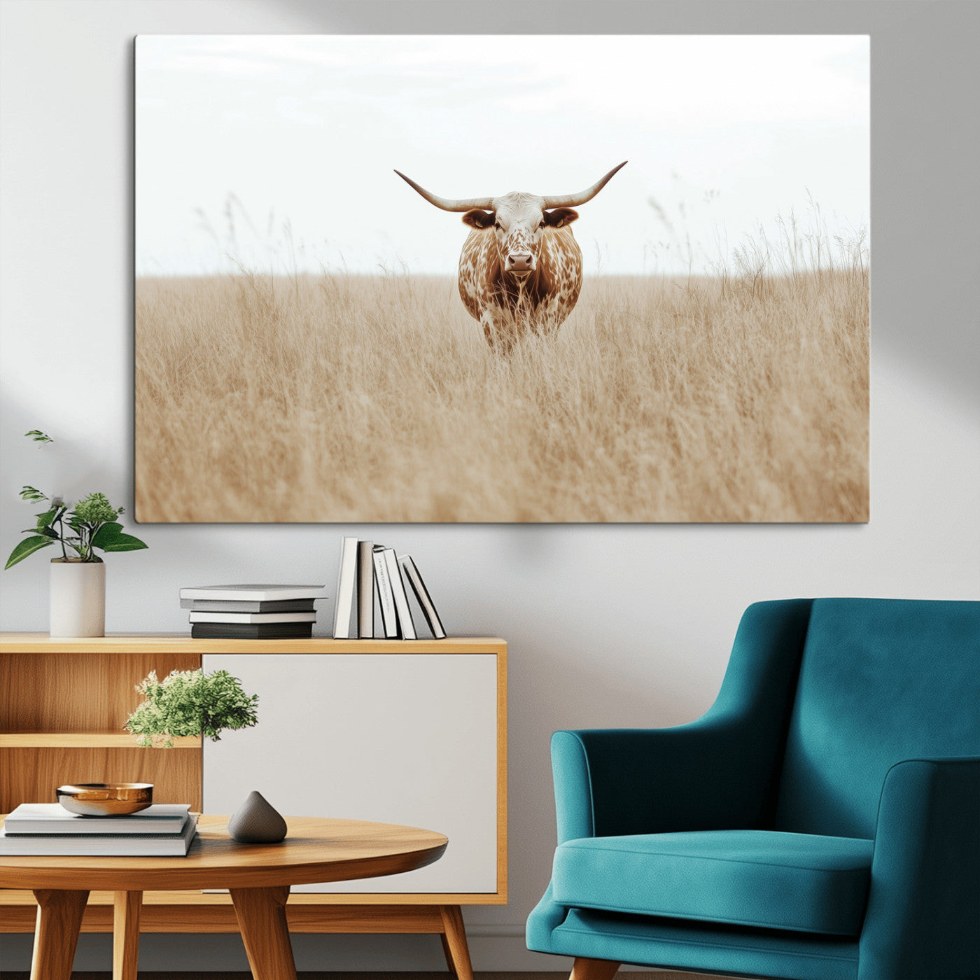20927060-MGV-CV-36X24-Texas Longhorn Wall Art Canvas Print, Framed Lone Cattle Art Picture Print, Longhorn Bull Perfect Rustic Western Decor Artwork