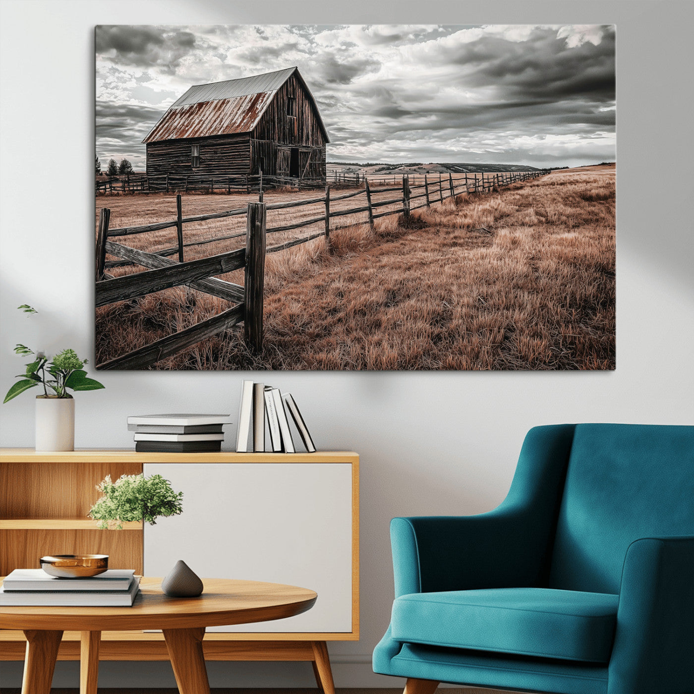 73898372-MGV-CV-36X24-Rustic Barn Wall Art Canvas Print, Framed Moody Field Art Picture Print, Weathered Fence Perfect Moody Farmhouse Decor Artwork