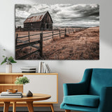 73898372-MGV-CV-36X24-Rustic Barn Wall Art Canvas Print, Framed Moody Field Art Picture Print, Weathered Fence Perfect Moody Farmhouse Decor Artwork