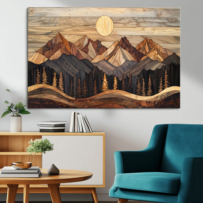 50100230-MGV-CV-36X24-Wooden Mountain Wall Art – Rustic Nature Landscape Canvas Print, Handmade Style Sun, Forest, and Peaks Artwork for Living Room,