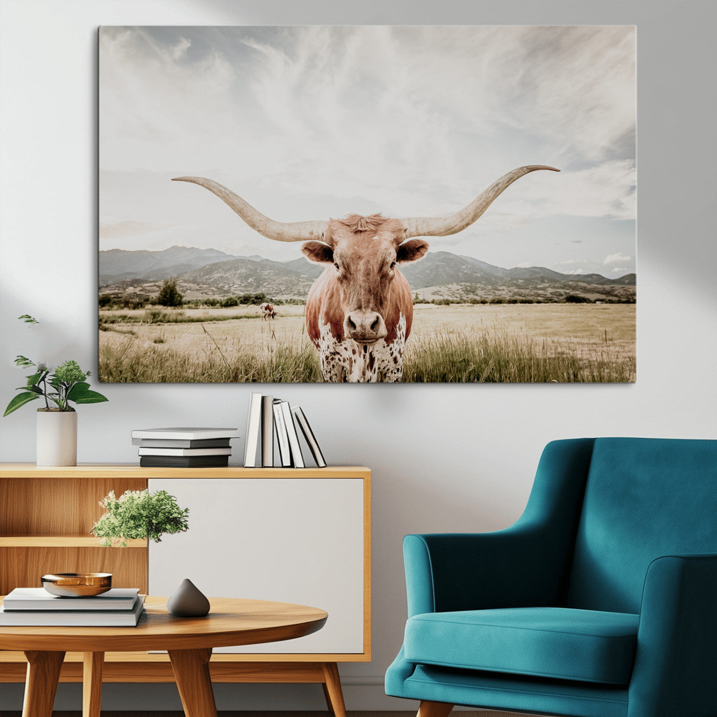 80054319-MGV-CV-36X24-Texas Longhorn Wall Art Canvas Print, Framed Western Cow Art Picture Print, Rustic Farmhouse Perfect Farmhouse Decor Artwork
