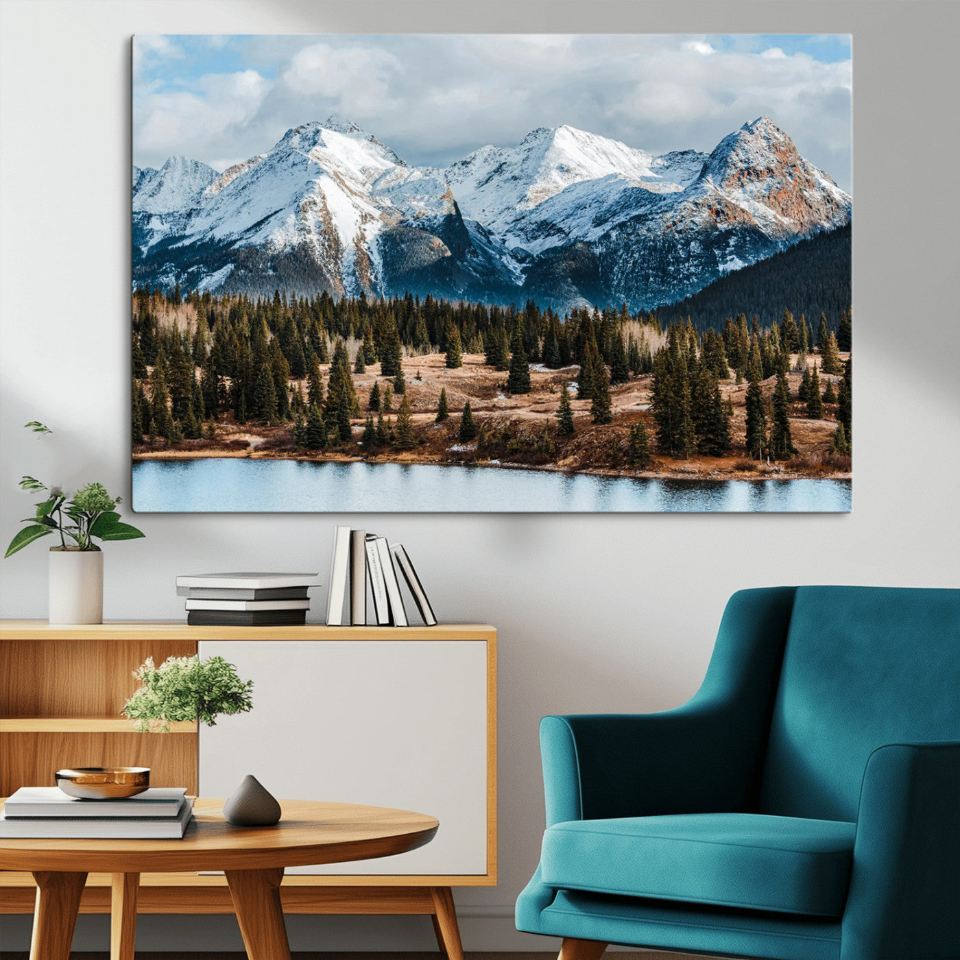 36247746-MGV-CV-36X24-Snowy Peaks Wall Art Canvas Print, Framed Alpine Lake Art Picture Print, Pine Forest Perfect Alpine Wilderness Decor Artwork