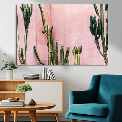 93119502-MGV-CV-36X24-Tall Cactus Wall Art Canvas Print, Framed Pink Wall Art Picture Print, Cactus Lines Perfect Modern Desert Decor Artwork