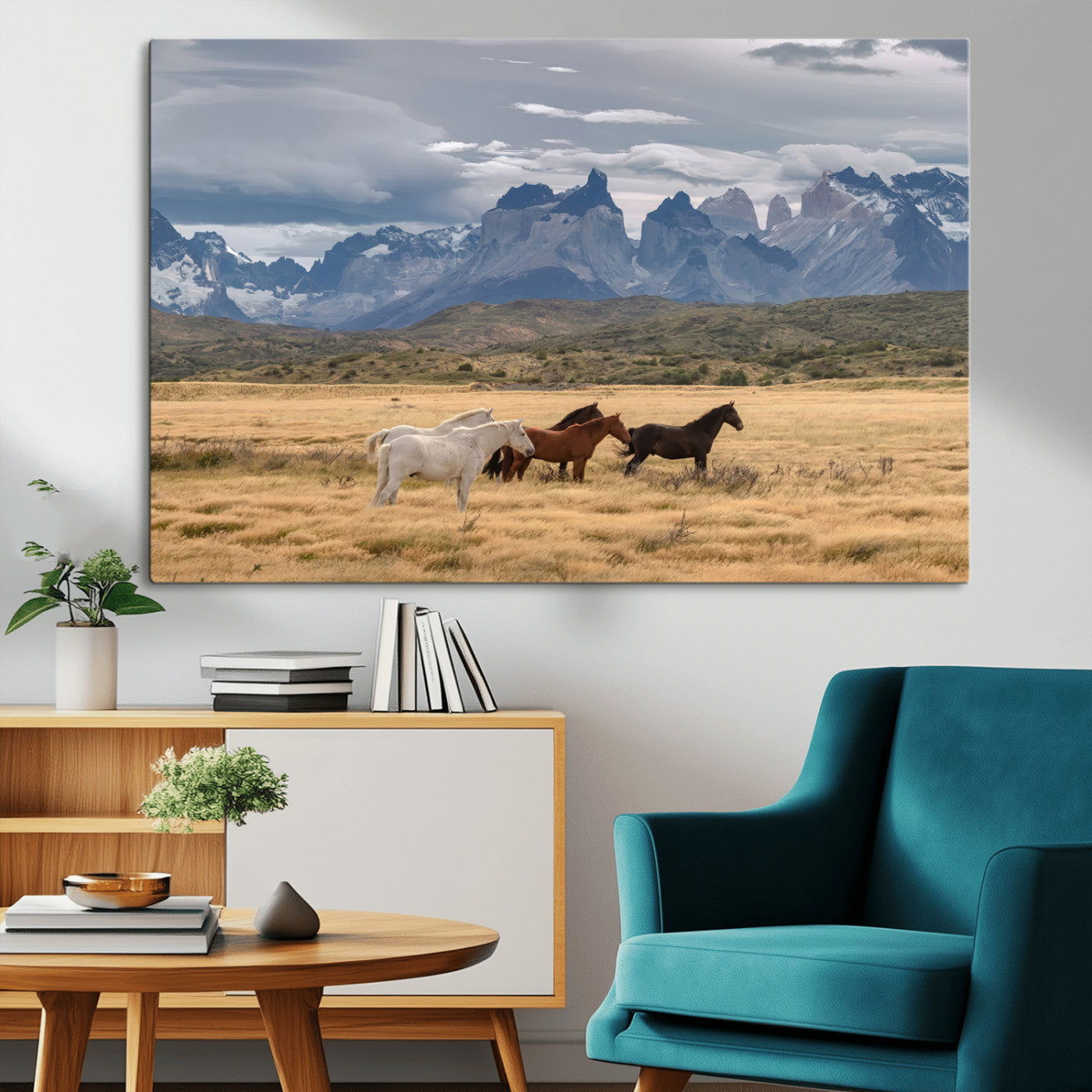 69960232-MGV-CV-36X24-Wild Horses Wall Art Canvas Print, Framed Patagonian Peaks Art Picture Print, Torres del Paine Perfect Rustic Patagonian Decor