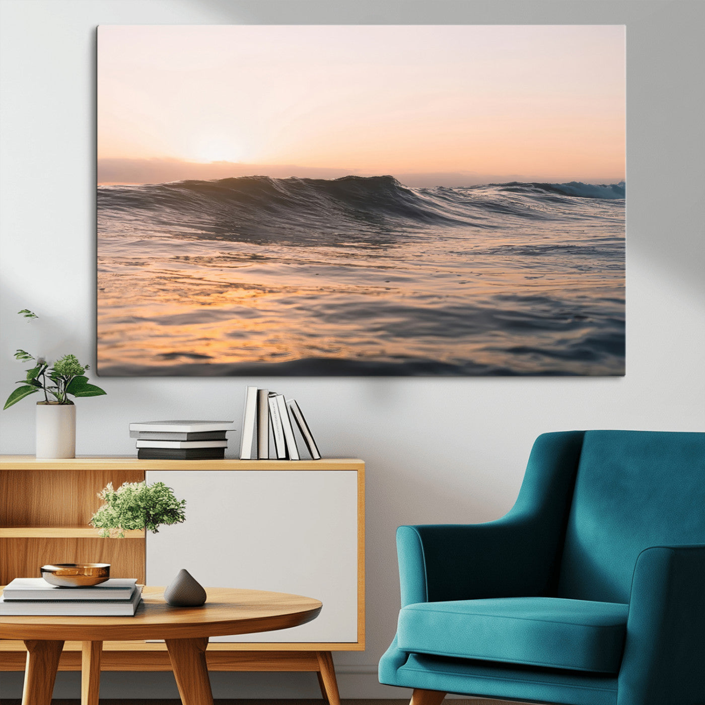 46299358-MGV-CV-36X24-Sunset Waves Wall Art Canvas Print, Framed Ocean Horizon Art Picture Print, Golden Water Perfect Golden Hour Coastal Decor Artwork