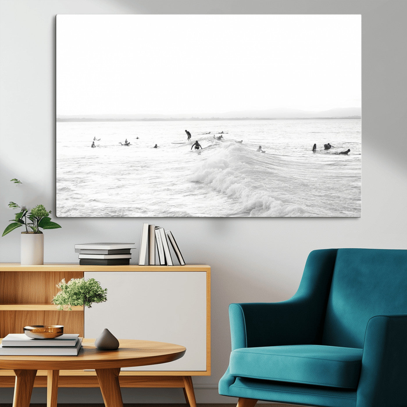 33449548-MGV-CV-36X24-Group Surfers Wall Art Canvas Print, Framed Ocean Wave Art Picture Print, Surf Crowd Perfect Monochrome Surf Decor Artwork