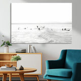 33449548-MGV-CV-36X24-Group Surfers Wall Art Canvas Print, Framed Ocean Wave Art Picture Print, Surf Crowd Perfect Monochrome Surf Decor Artwork