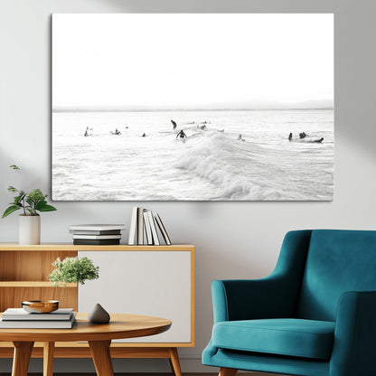 33449548-MGV-CV-36X24-Group Surfers Wall Art Canvas Print, Framed Ocean Wave Art Picture Print, Surf Crowd Perfect Monochrome Surf Decor Artwork