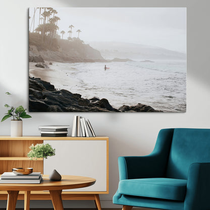 62501405-MGV-CV-36X24-Misty Beach Wall Art Canvas Print, Framed California Surfer Art Picture Print, Coastal Cliff Perfect Coastal Beach Decor Artwork