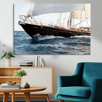 97168626-MGV-CV-36X24-Sailing Yacht Wall Art Canvas Print, Framed Wooden Yacht Art Picture Print, Ocean Waves Perfect Nautical Coastal Decor Artwork