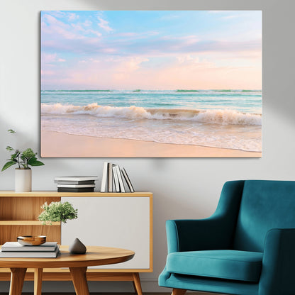 74679437-MGV-CV-36X24-Pastel Ocean Wall Art Canvas Print, Framed Beach Waves Art Picture Print, Soft Sunset Perfect Pastel Coastal Decor Artwork