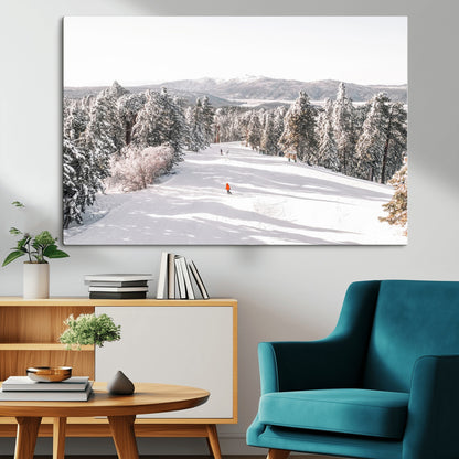 62119206-MGV-CV-36X24-Snowy Trail Wall Art Canvas Print, Framed Ski Slope Art Picture Print, Winter Pines Perfect Alpine Adventure Decor Artwork