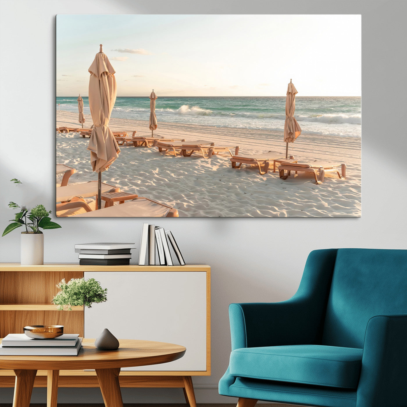58507949-MGV-CV-36X24-Beach Umbrellas Wall Art Canvas Print, Framed Empty Loungers Art Picture Print, Soft Sand Perfect Minimalist Seaside Decor Artwork
