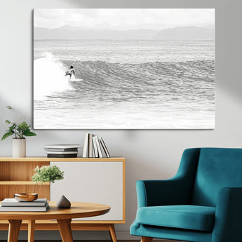 81535128-MGV-CV-36X24-Surfer Woman Wall Art Canvas Print, Framed Black Ocean Art Picture Print, Ocean Surfing Perfect Monochrome Coastal Decor Artwork