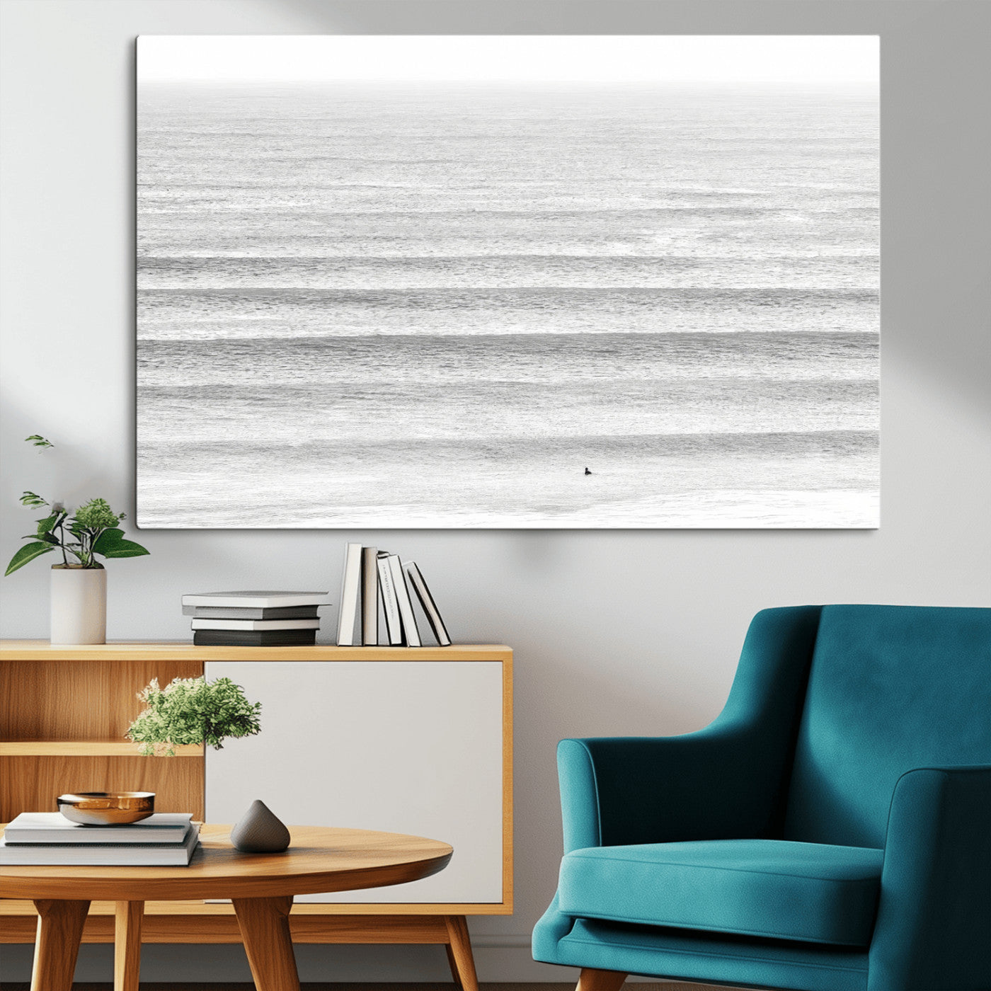 66534476-MGV-CV-36X24-Lone Surfer Wall Art Canvas Print, Framed Ocean Waves Art Picture Print, Minimal Sea Perfect Minimal Coastal Decor Artwork