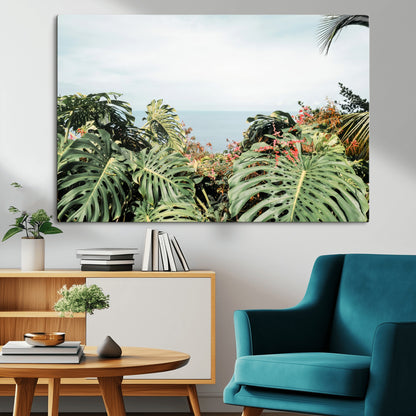 45700479-MGV-CV-36X24-Monstera Leaves Wall Art Canvas Print, Framed Tropical Ocean Art Picture Print, Tropical Foliage Perfect Tropical Coastal Jungle