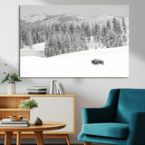 68081143-MGV-CV-36X24-Snowy Bison Wall Art Canvas Print, Framed Winter Forest Art Picture Print, Lone Bison Perfect Monochrome Winter Wild Decor Artwork