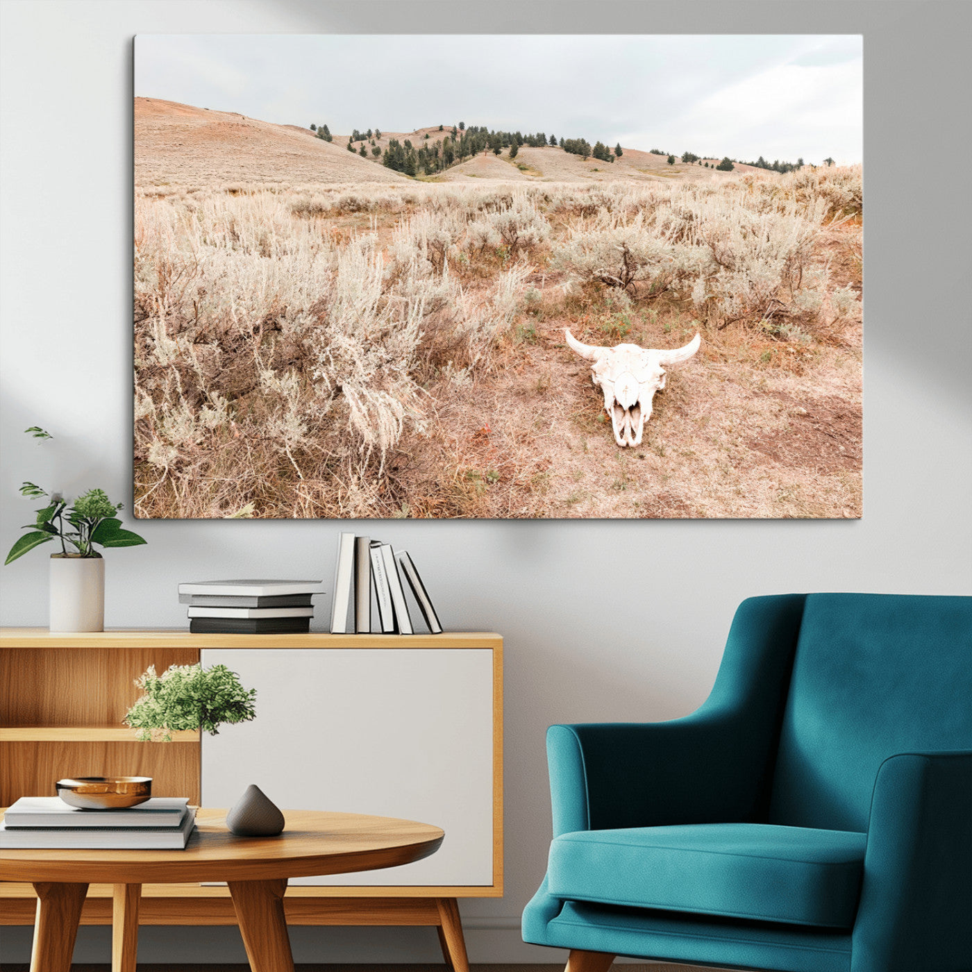 97234735-MGV-CV-36X24-Rustic Bones Wall Art Canvas Print, Framed Desert Sage Art Picture Print, Prairie Skull Perfect Minimal Rustic Decor Artwork