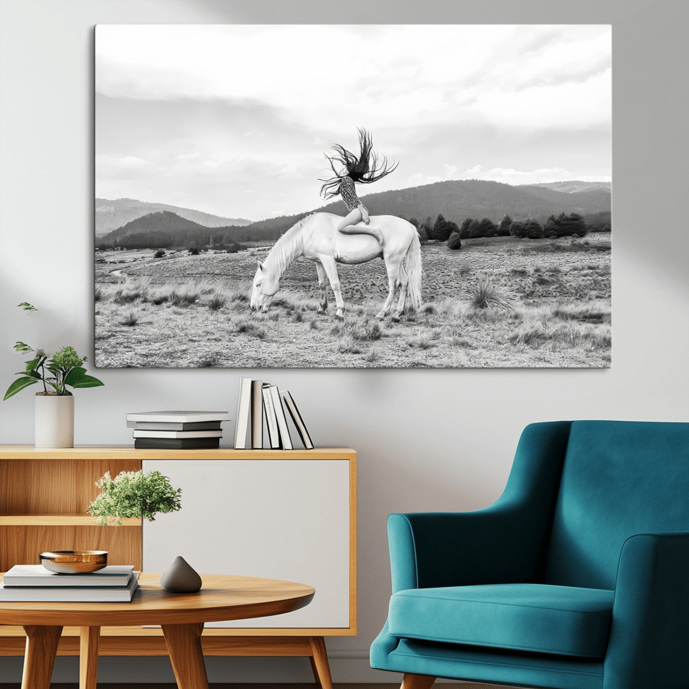 62789800-MGV-CV-36X24-White Horse Wall Art Canvas Print, Framed Woman Rider Art Picture Print, Equestrian Pose Perfect Western Boho Decor Artwork