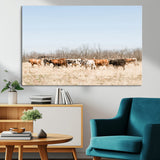 16563092-MGV-CV-36X24-Texas Longhorns Wall Art Canvas Print, Framed Western Cattles Art Picture Print, Rustic Herd Perfect Rustic Farmhouse Decor