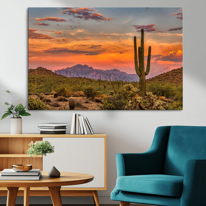 25332783-MGV-CV-36X24-Saguaro Cactus Wall Art Canvas Print, Framed Arizona Sunset Art Picture Print, Sonoran Desert Perfect Southwestern Boho Decor