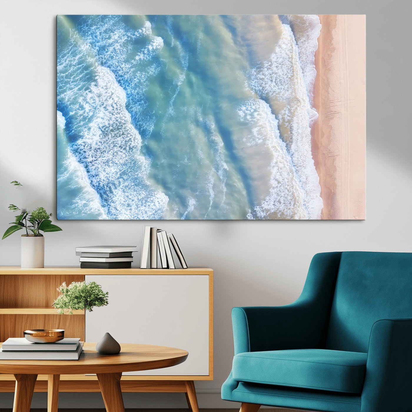 17641845-MGV-CV-36X24-Aerial Ocean Wall Art Canvas Print, Framed Blue Waves Art Picture Print, Sandy Shoreline Perfect Modern Coastal Decor Artwork