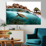 44200301-MGV-CV-36X24-Sea Turtle Swim Wall Art Canvas Print, Framed Ocean Life Art Picture Print, Tropical Shoreline Perfect Tropical Coastal Decor