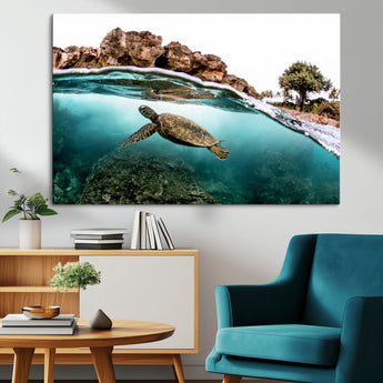 44200301-MGV-CV-36X24-Sea Turtle Swim Wall Art Canvas Print, Framed Ocean Life Art Picture Print, Tropical Shoreline Perfect Tropical Coastal Decor