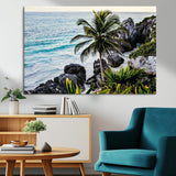94669907-MGV-CV-36X24-Tropical Coastline Wall Art Canvas Print, Framed Palm Tree Art Picture Print, Rocky Beach Perfect Tropical Coastal Decor Artwork