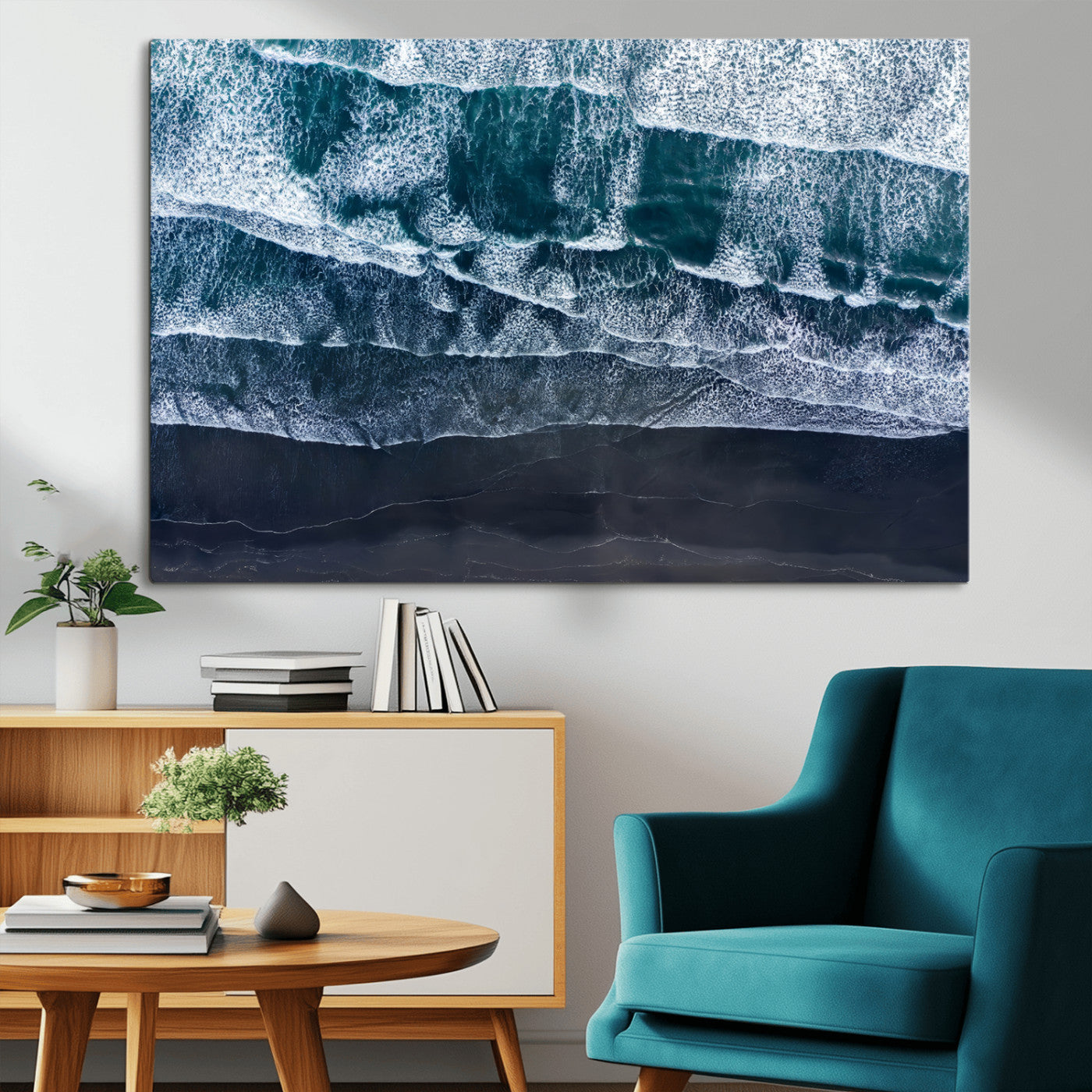 87941475-MGV-CV-36X24-Black Beach Wall Art Canvas Print, Framed Aerial Ocean Art Picture Print, Moody Coastal Perfect Modern Coastal Decor Artwork