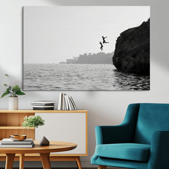 52284302-MGV-CV-36X24-Cliff Jumping Wall Art Canvas Print, Framed Ocean Adventure Art Picture Print, Black White Coast Perfect Modern Coastal Decor