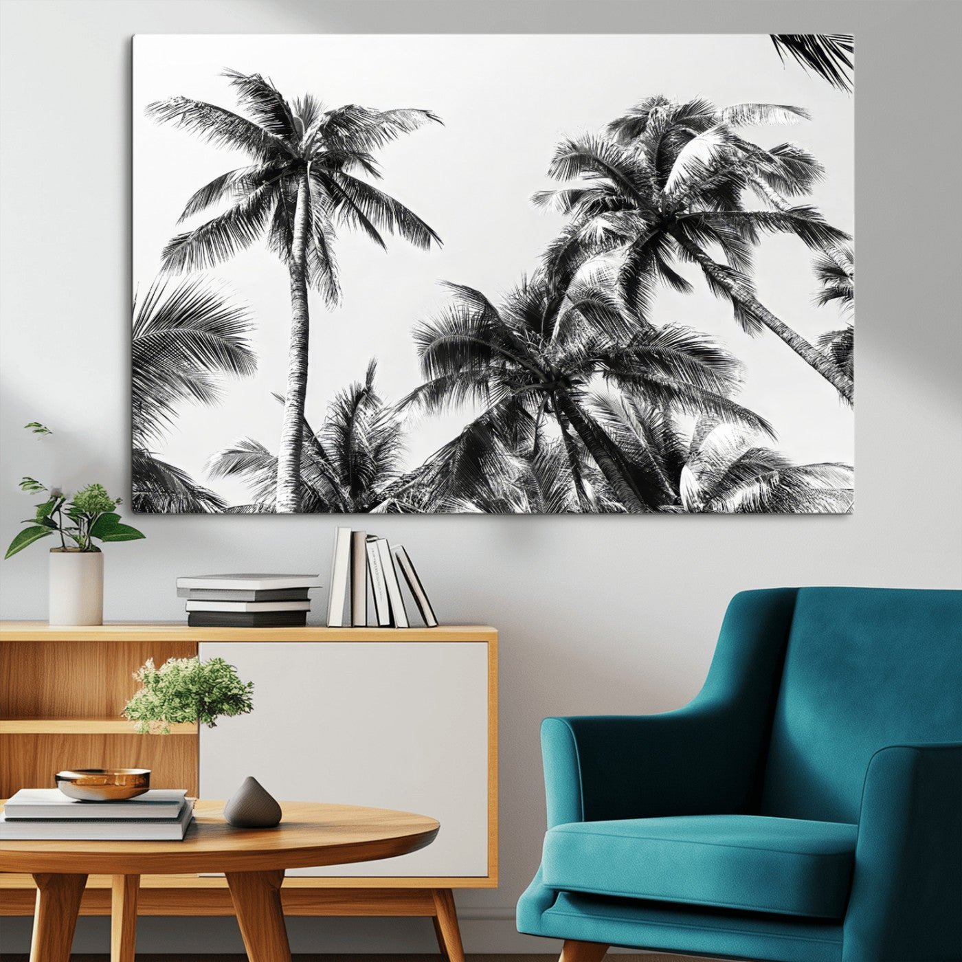 46641801-MGV-CV-36X24-Palm Tree Wall Art Canvas Print, Framed Black White Tropics Art Picture Print, Monochrome Palms Perfect Modern Tropical Minimalist