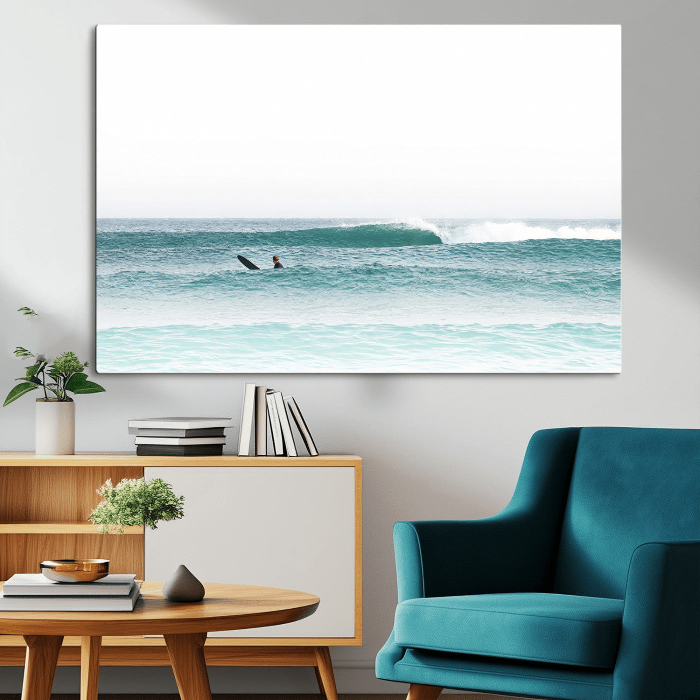 56345117-MGV-CV-36X24-Minimalist Surfing Wall Art Canvas Print, Framed Ocean Waves Art Picture Print, Soft Ocean Perfect Minimalist Coastal Decor