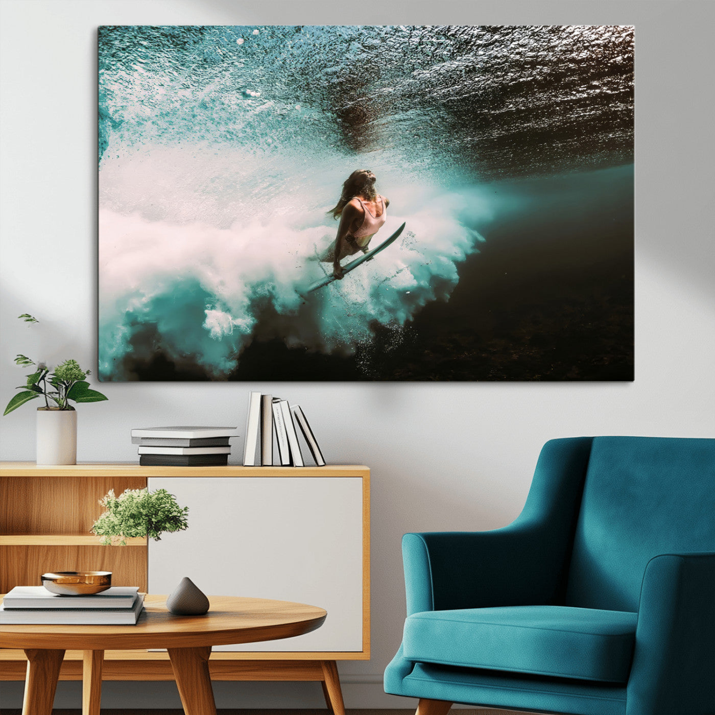 85923512-MGV-CV-36X24-Aquatic Motion Wall Art Canvas Print, Framed Underwater Swimming Art Picture Print, Female Surfer Diving Perfect Coastal Boho