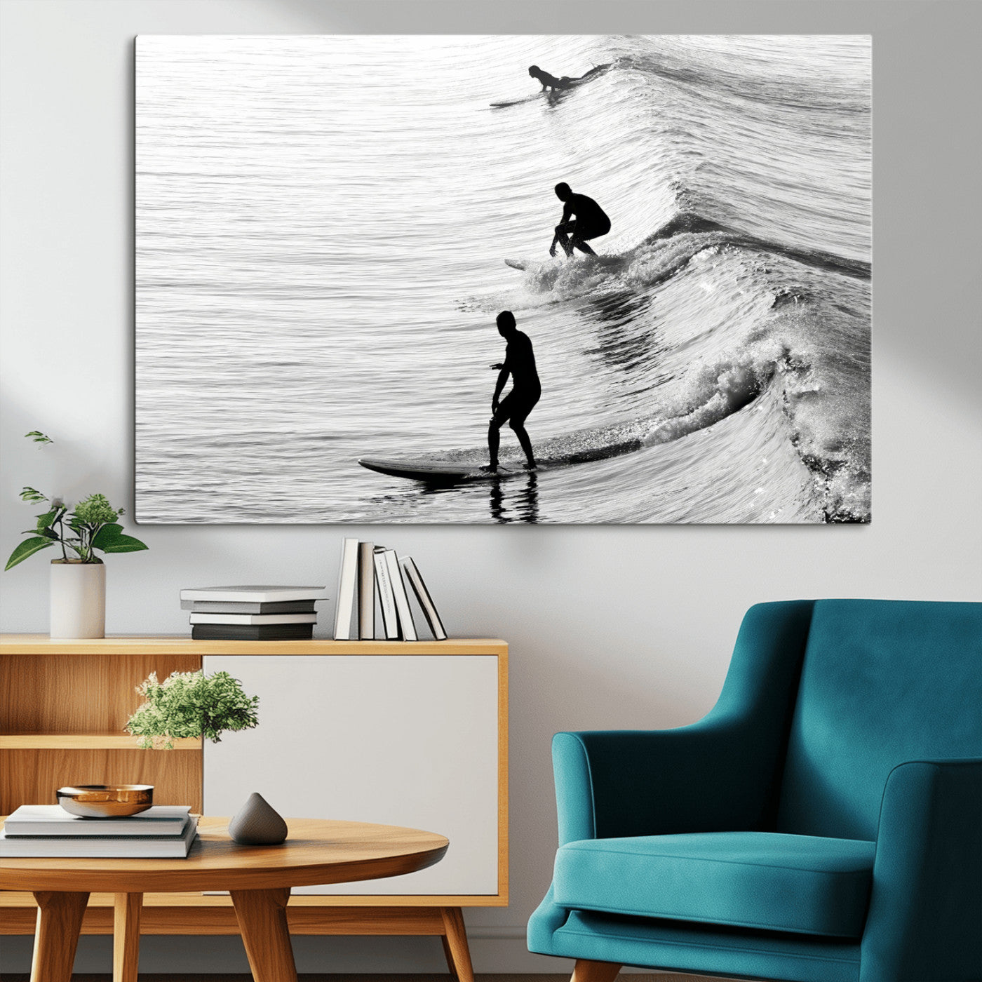 19875284-MGV-CV-36X24-Surfer Waves Wall Art Canvas Print, Framed Black White Surf Art Picture Print, Monochrome Ocean Perfect Modern Coastal Decor