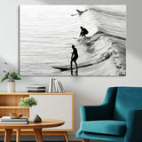 19875284-MGV-CV-36X24-Surfer Waves Wall Art Canvas Print, Framed Black White Surf Art Picture Print, Monochrome Ocean Perfect Modern Coastal Decor