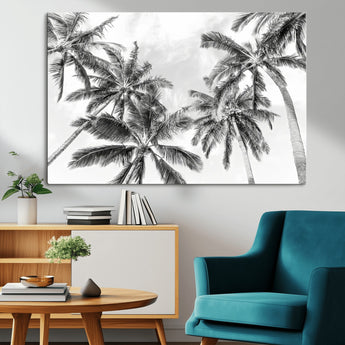 62113786-MGV-CV-36X24-Black White Palm Wall Art Canvas Print, Framed Monochrome Tropics Art Picture Print, Minimalist Beach Perfect Coastal Minimalist