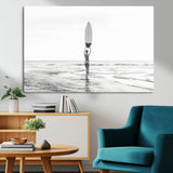 98446901-MGV-CV-36X24-Monochrome Surf Wall Art Canvas Print, Framed Minimalist Surfer Art Picture Print, Surfboard Silhouette Perfect Coastal Minimalist