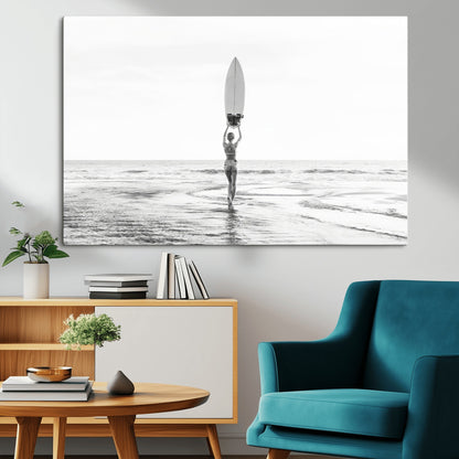 98446901-MGV-CV-36X24-Monochrome Surf Wall Art Canvas Print, Framed Minimalist Surfer Art Picture Print, Surfboard Silhouette Perfect Coastal Minimalist