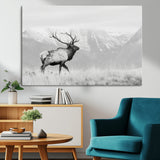 62278753-MGV-CV-36X24-Monochrome Elk Wall Art Canvas Print, Framed Mountain Wildlife Art Picture Print, Rustic Nature Perfect Rustic Minimalist Decor