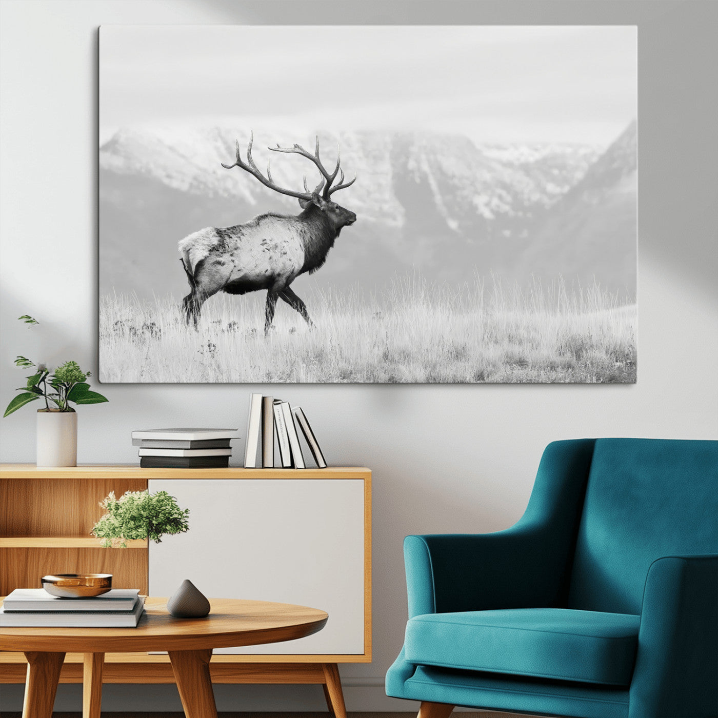 62278753-MGV-CV-36X24-Monochrome Elk Wall Art Canvas Print, Framed Mountain Wildlife Art Picture Print, Rustic Nature Perfect Rustic Minimalist Decor