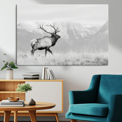 62278753-MGV-CV-36X24-Monochrome Elk Wall Art Canvas Print, Framed Mountain Wildlife Art Picture Print, Rustic Nature Perfect Rustic Minimalist Decor