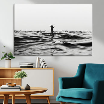 69541918-MGV-CV-36X24-Black White Ocean Wall Art Canvas Print, Framed Moody Seascape Art Picture Print, Surfer Sign Perfect Moody Minimalist Decor