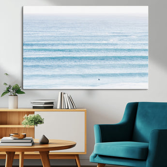 77145995-MGV-CV-36X24-Ocean Simplicity Wall Art Canvas Print, Framed Surfer on Water Art Picture Print, Light Blue Perfect Coastal Minimalist Decor