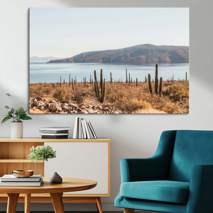 45193515-MGV-CV-36X24-Desert Cactus Wall Art Canvas Print, Framed Baja Coastline Art Picture Print, Coastal Desert Perfect Southwestern Minimalist Decor